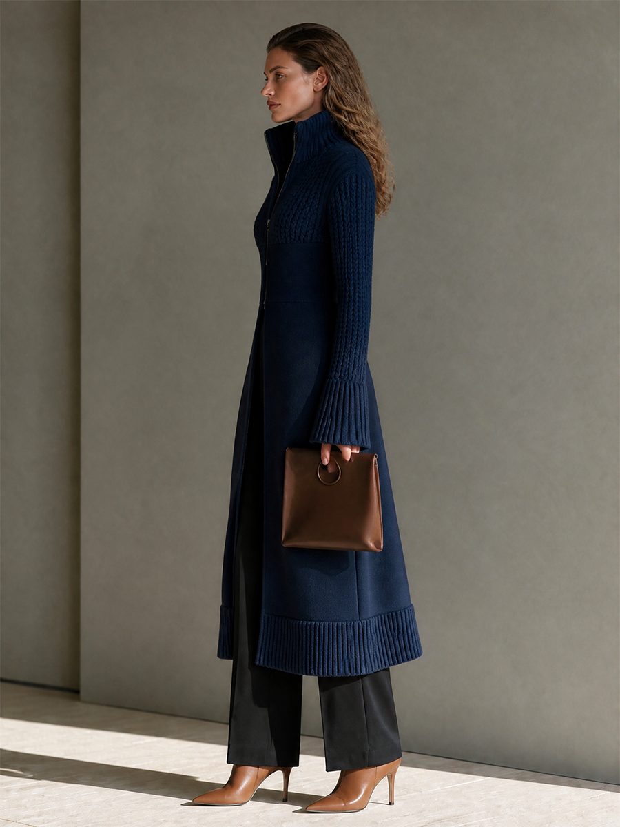 Cable Wool-Knit Longline Cardigan with Stand Collar, Zip and Bell Sleeves for Women