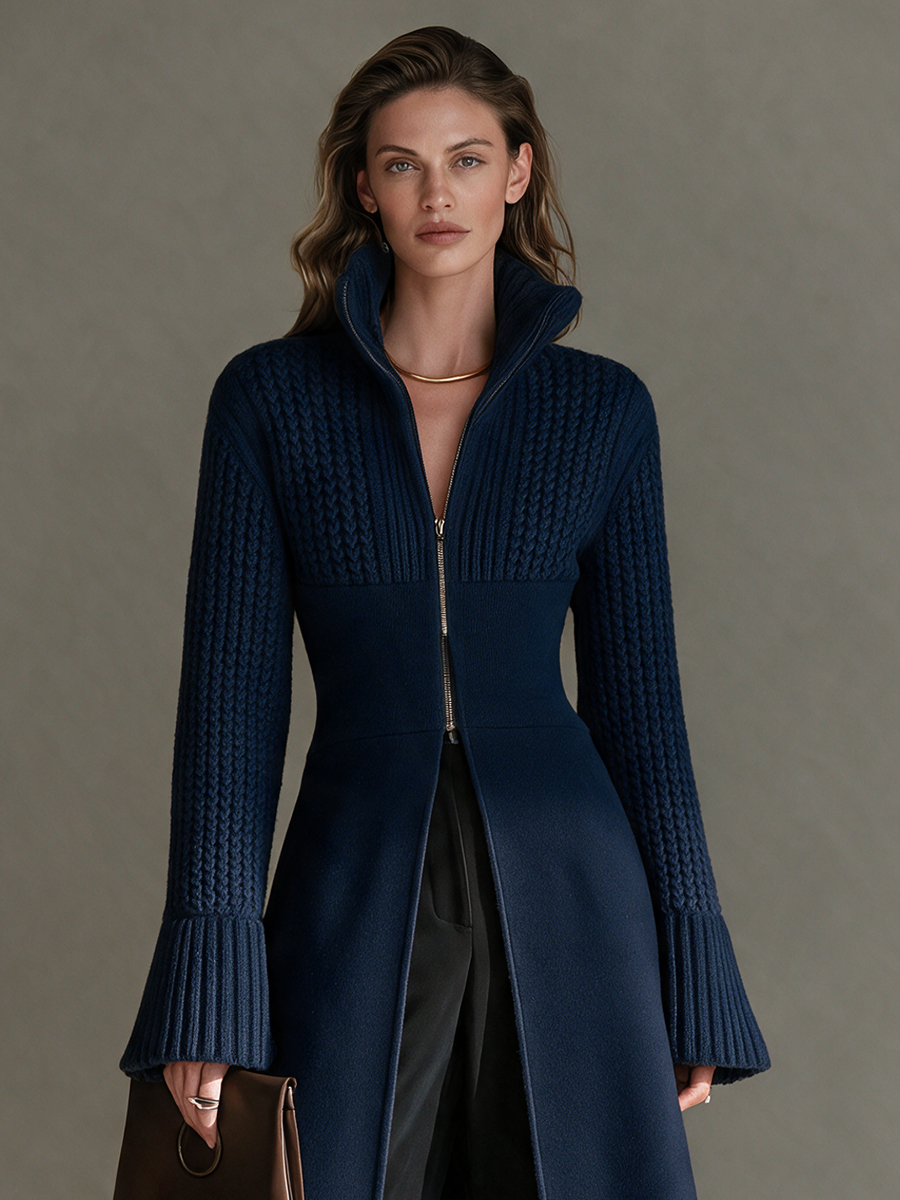Cable Wool-Knit Longline Cardigan with Stand Collar, Zip and Bell Sleeves for Women