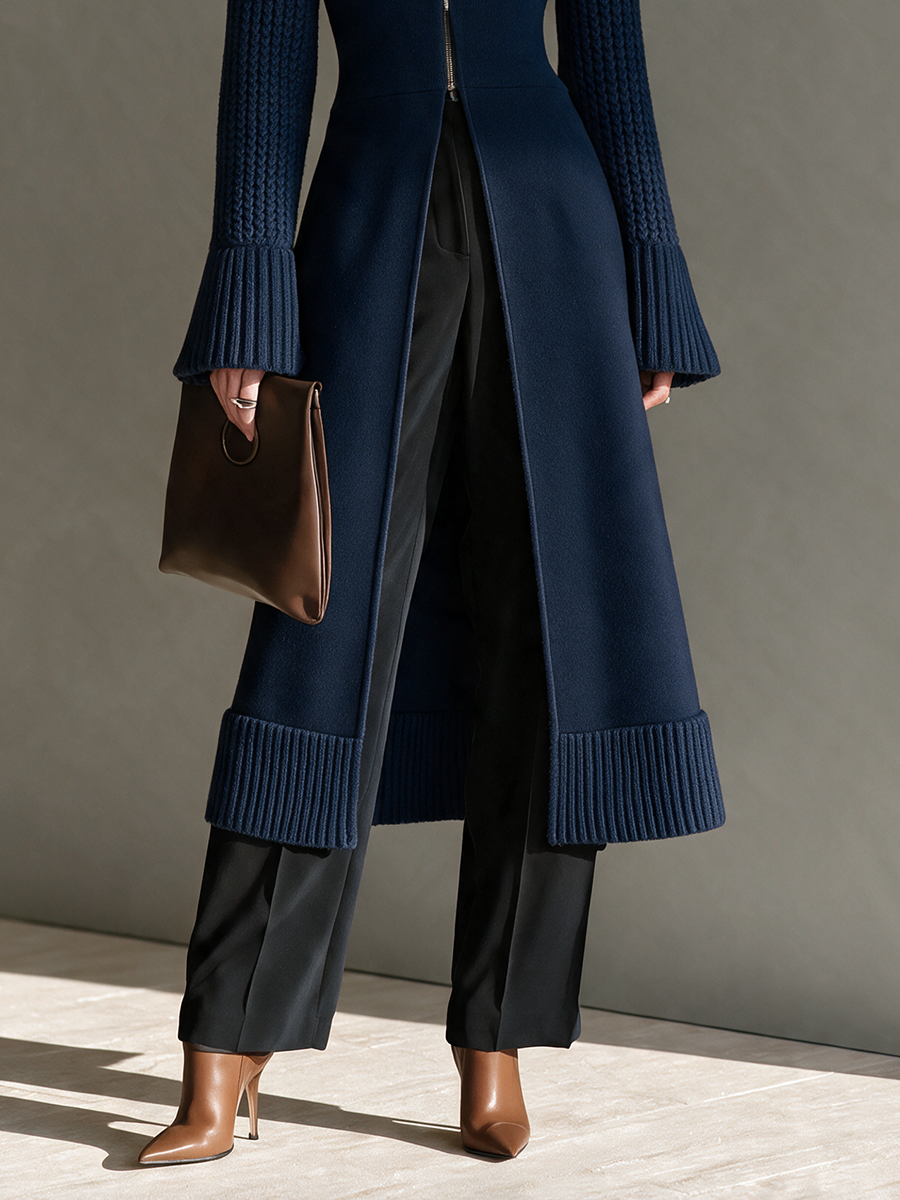 Cable Wool-Knit Longline Cardigan with Stand Collar, Zip and Bell Sleeves for Women