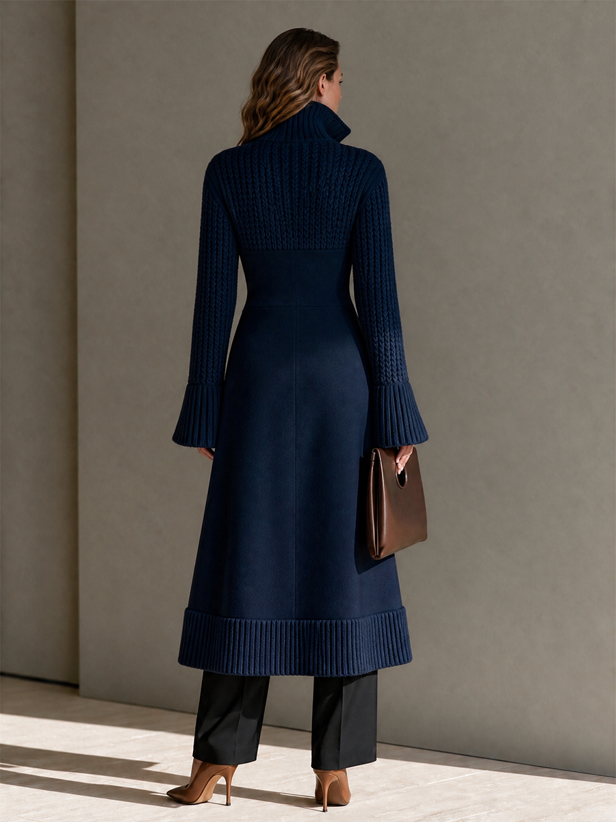 Cable Wool-Knit Longline Cardigan with Stand Collar, Zip and Bell Sleeves for Women