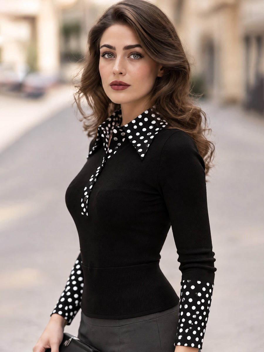Black Ribbed Knit Top with Polka Dot Collar, Long Sleeves and Slim Fit for Women