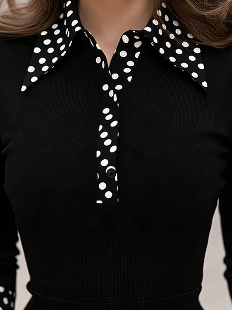 Black Ribbed Knit Top with Polka Dot Collar, Long Sleeves and Slim Fit for Women