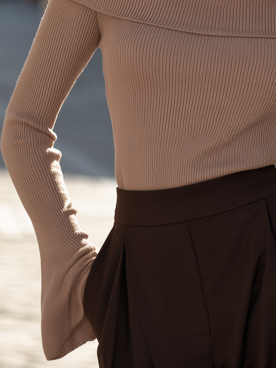 Off-Shoulder Ribbed Knit Sweater with Fold-Over Neckline and Flared Sleeves in Camel for Women