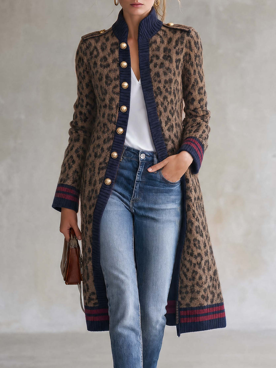 Camel Leopard Print Long Knit Cardigan Military Style with Gold Buttons for Women