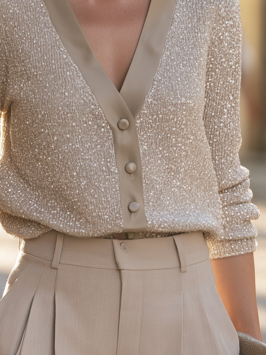 Champagne Sequin Knit Cardigan with Satin-Trim V-Neck for Women