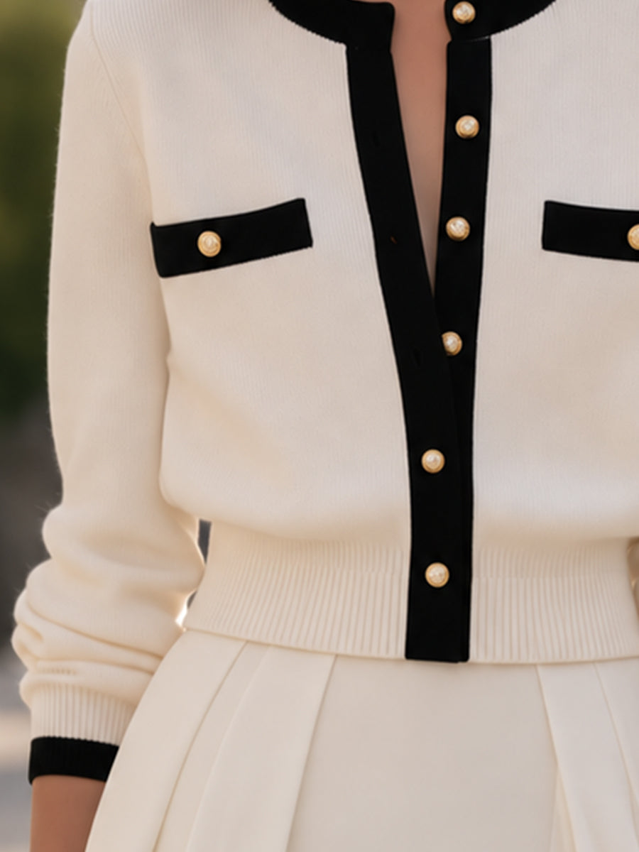 Collarless Knit Cardigan with Contrast Trim and Pearl Buttons for Women