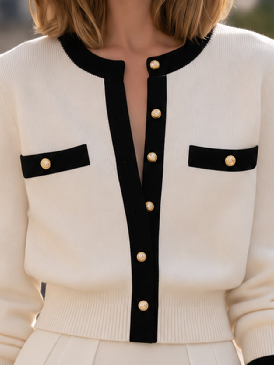 Collarless Knit Cardigan with Contrast Trim and Pearl Buttons for Women