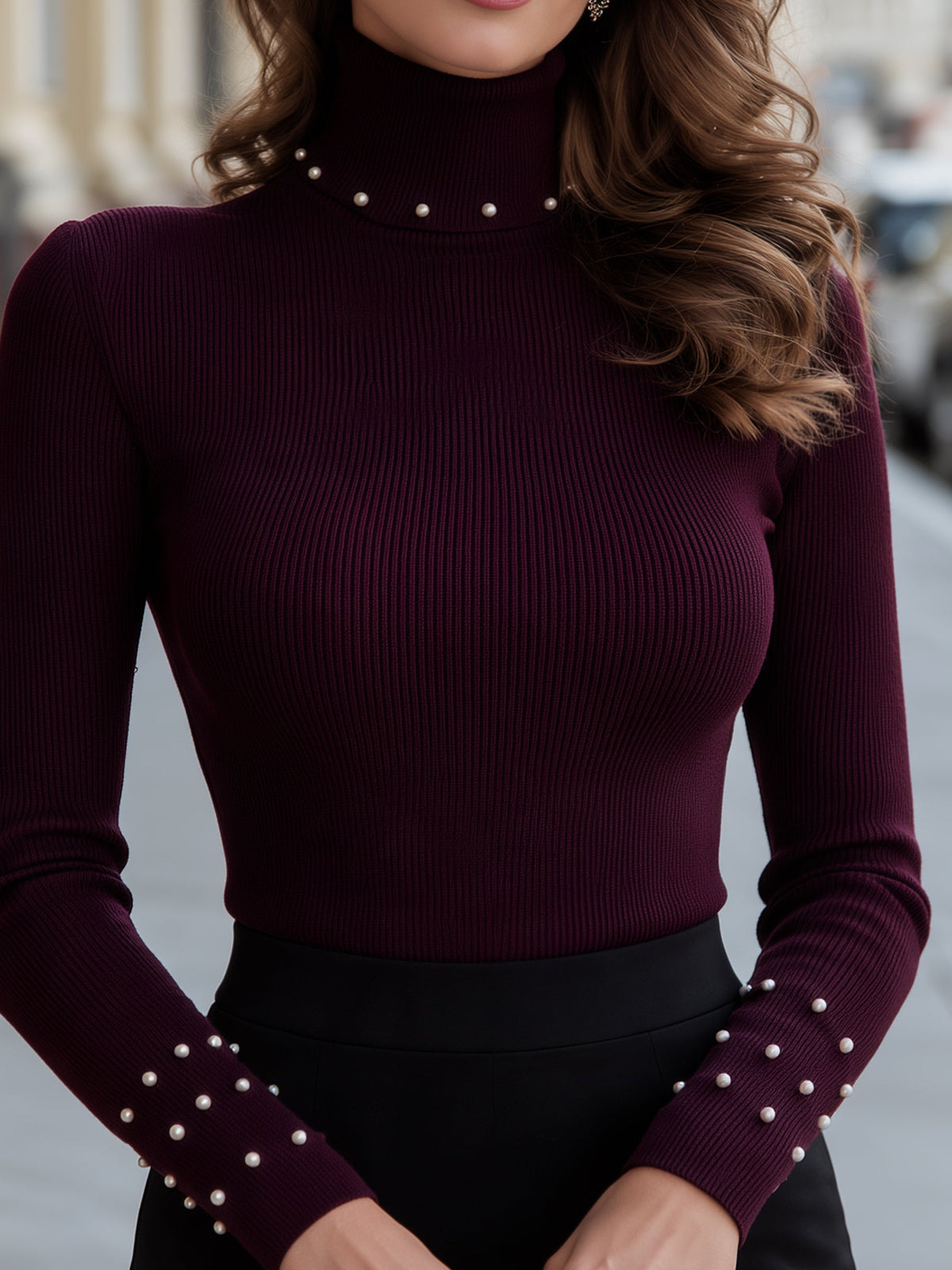 Burgundy Ribbed Turtleneck Sweater with Pearl Embellishment for Women