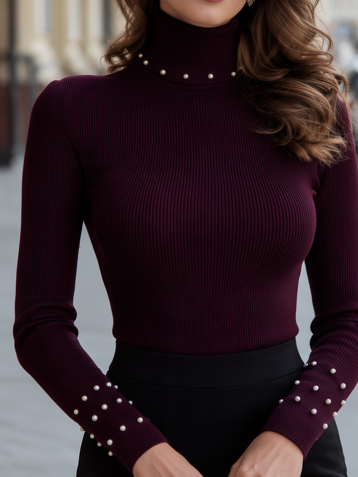 Burgundy Ribbed Turtleneck Sweater with Pearl Embellishment for Women