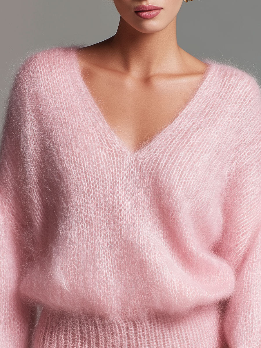 Pink Loose-Fit V-Neck Jumper Sweater Long Sleeve Knit for Women