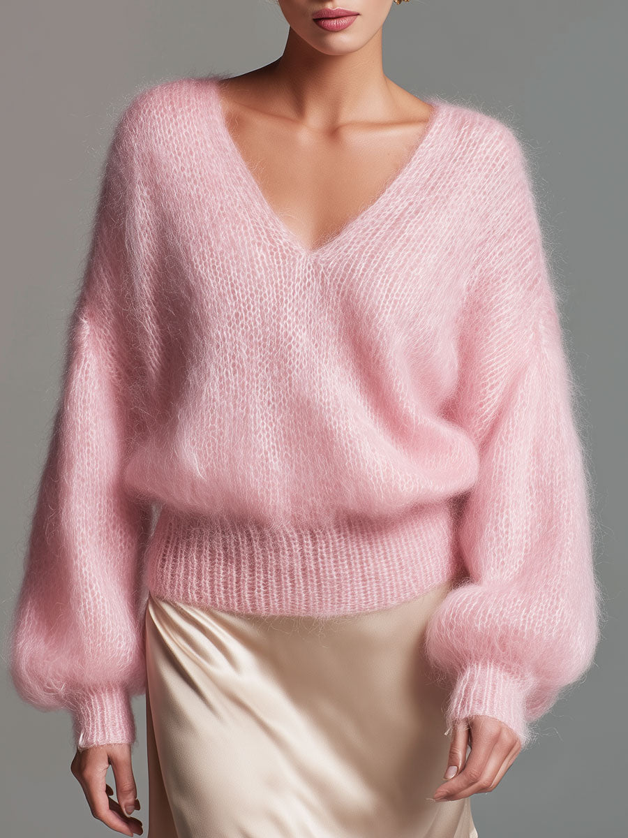 Pink Loose-Fit V-Neck Jumper Sweater Long Sleeve Knit for Women