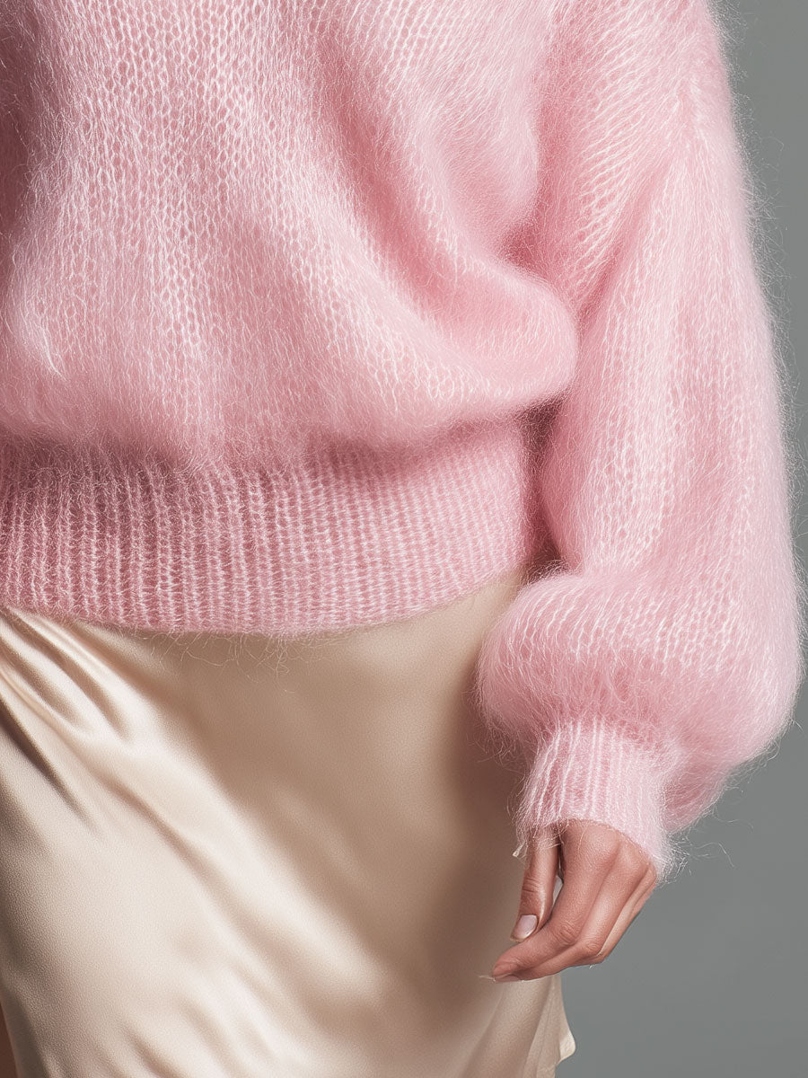 Pink Loose-Fit V-Neck Jumper Sweater Long Sleeve Knit for Women