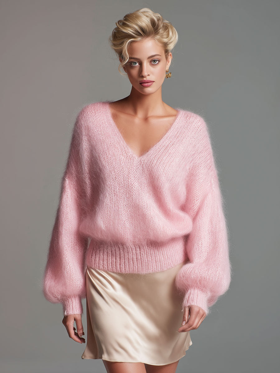 Pink Loose-Fit V-Neck Jumper Sweater Long Sleeve Knit for Women