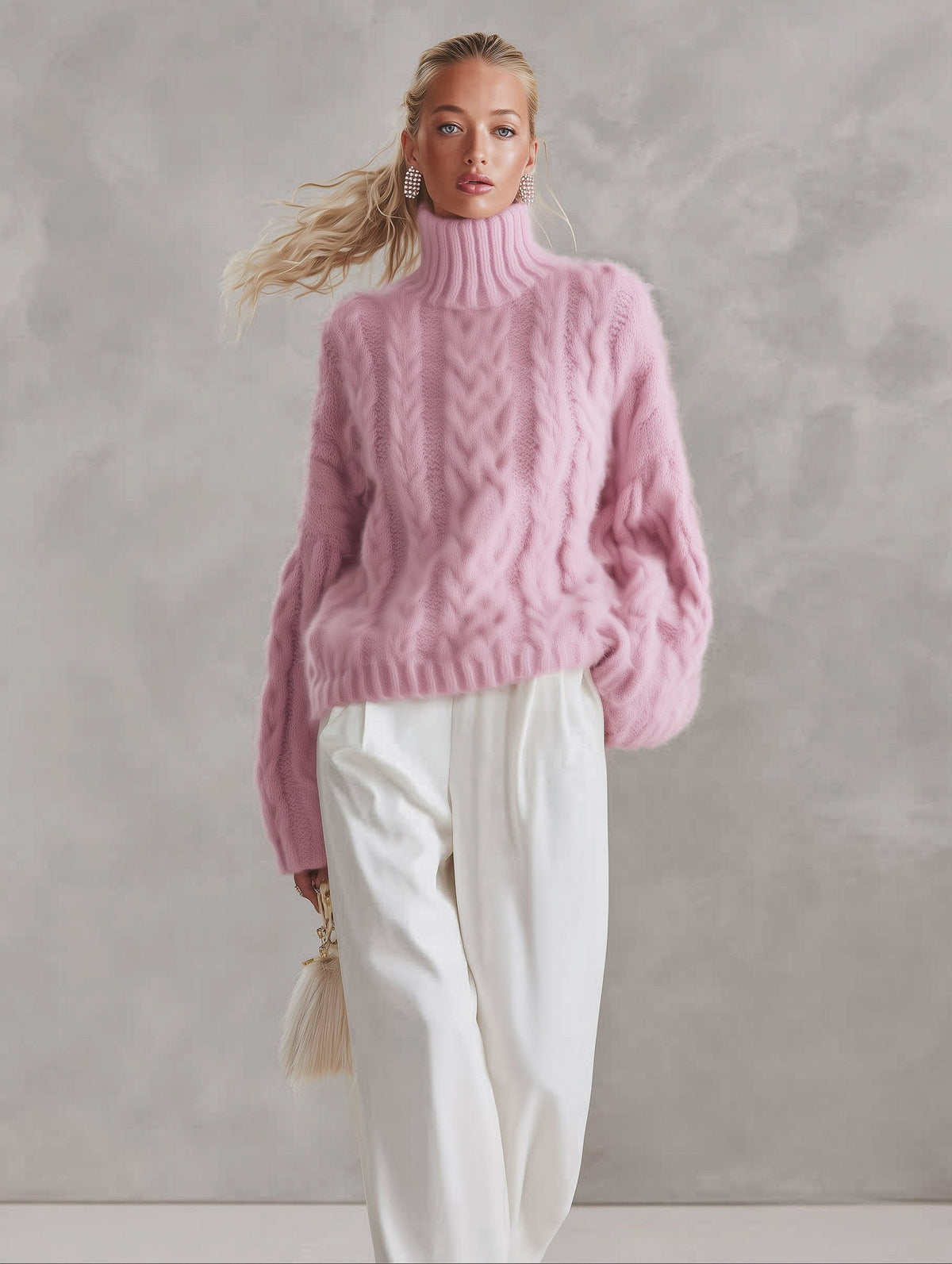Pink Chunky Cable-Knit Turtleneck Jumper Sweater Oversized for Women