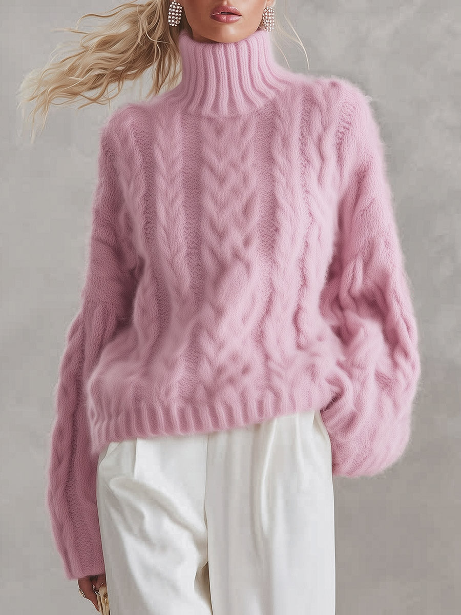 Pink Chunky Cable-Knit Turtleneck Jumper Sweater Oversized for Women