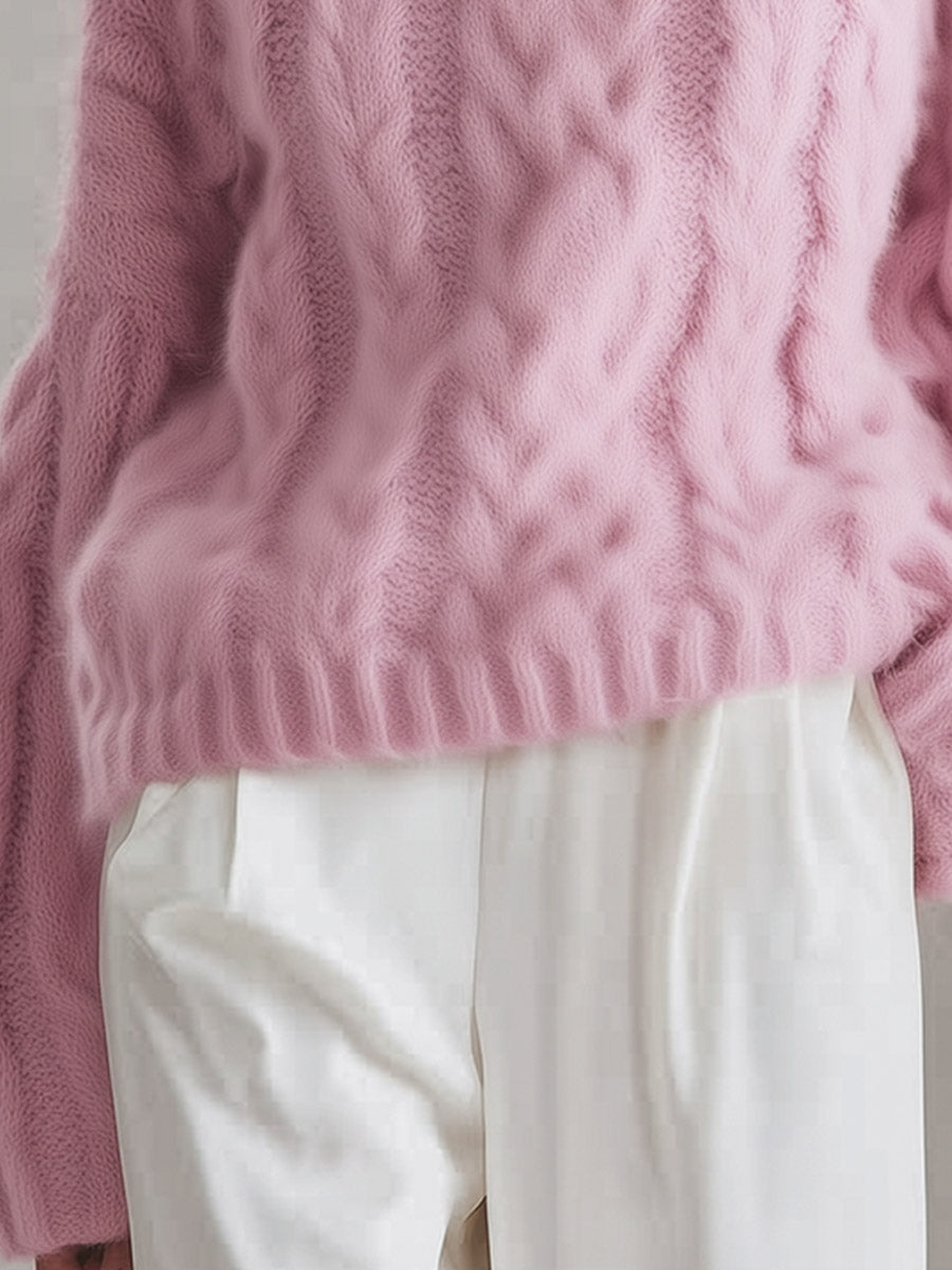 Pink Chunky Cable-Knit Turtleneck Jumper Sweater Oversized for Women