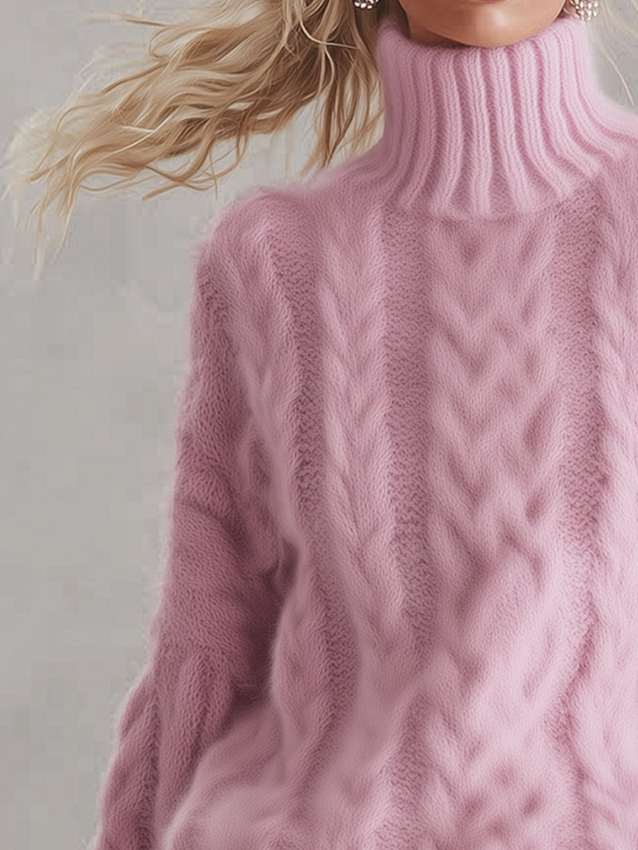 Pink Chunky Cable-Knit Turtleneck Jumper Sweater Oversized for Women