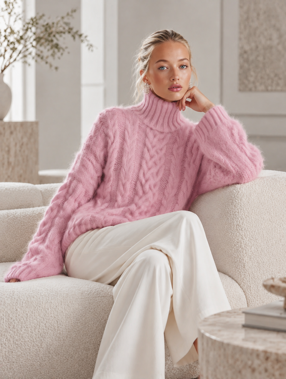 Pink Chunky Cable-Knit Turtleneck Jumper Sweater Oversized for Women