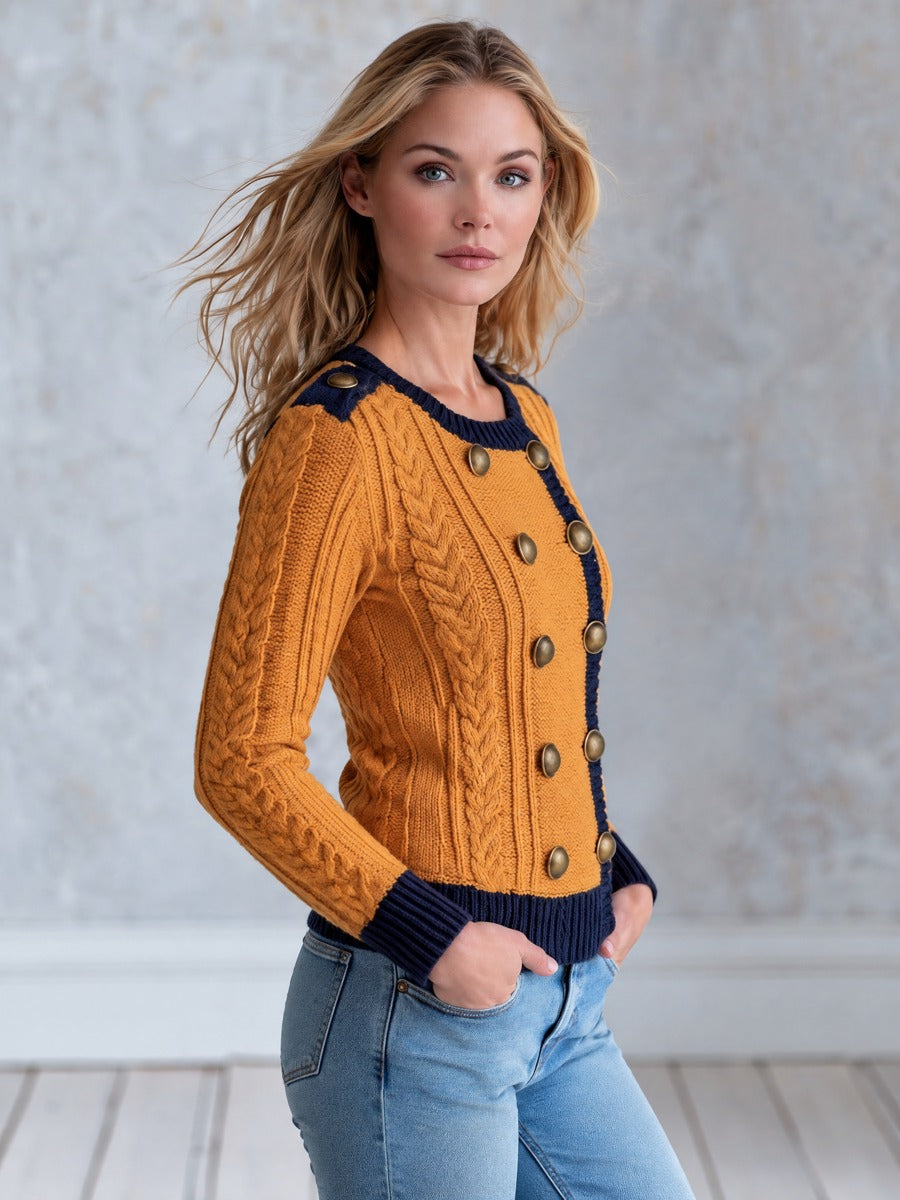 Wool Blend Cable-Knit Cardigan Double-Breasted Navy and Mustard Military Style for Women