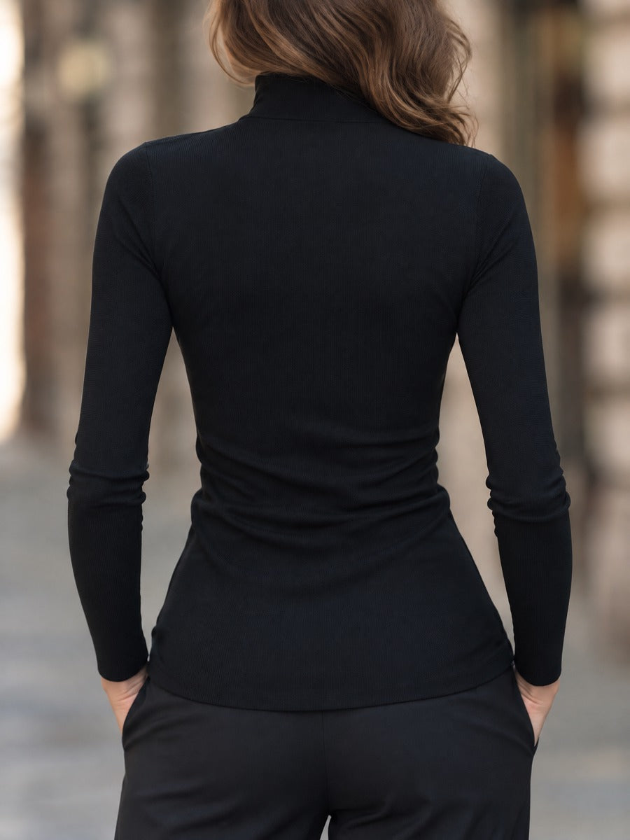 Turtleneck Knit Top with Asymmetric Exposed Zip and Pointed Hem for Women