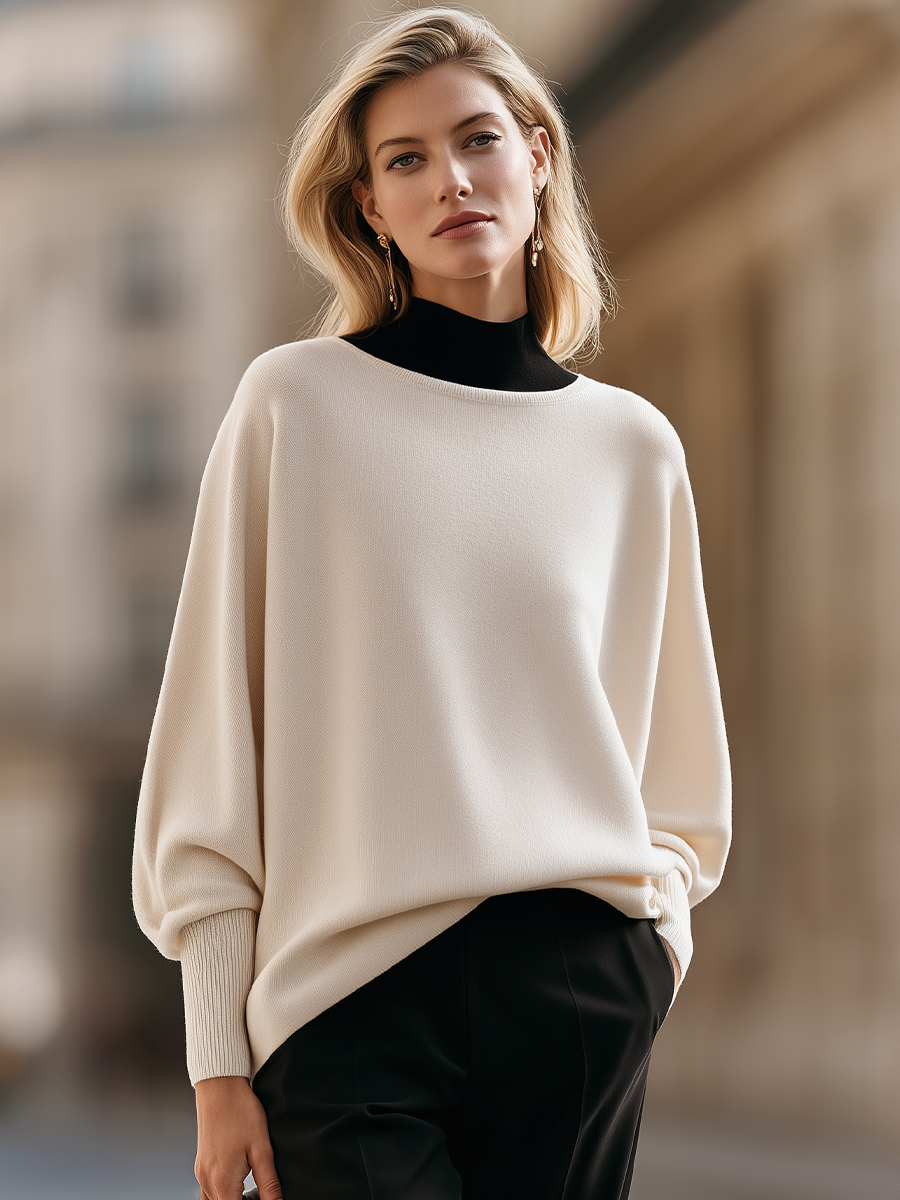 Batwing Sleeve Round Neck Sweater with Ribbed Cuffs and Longline Fit for Women