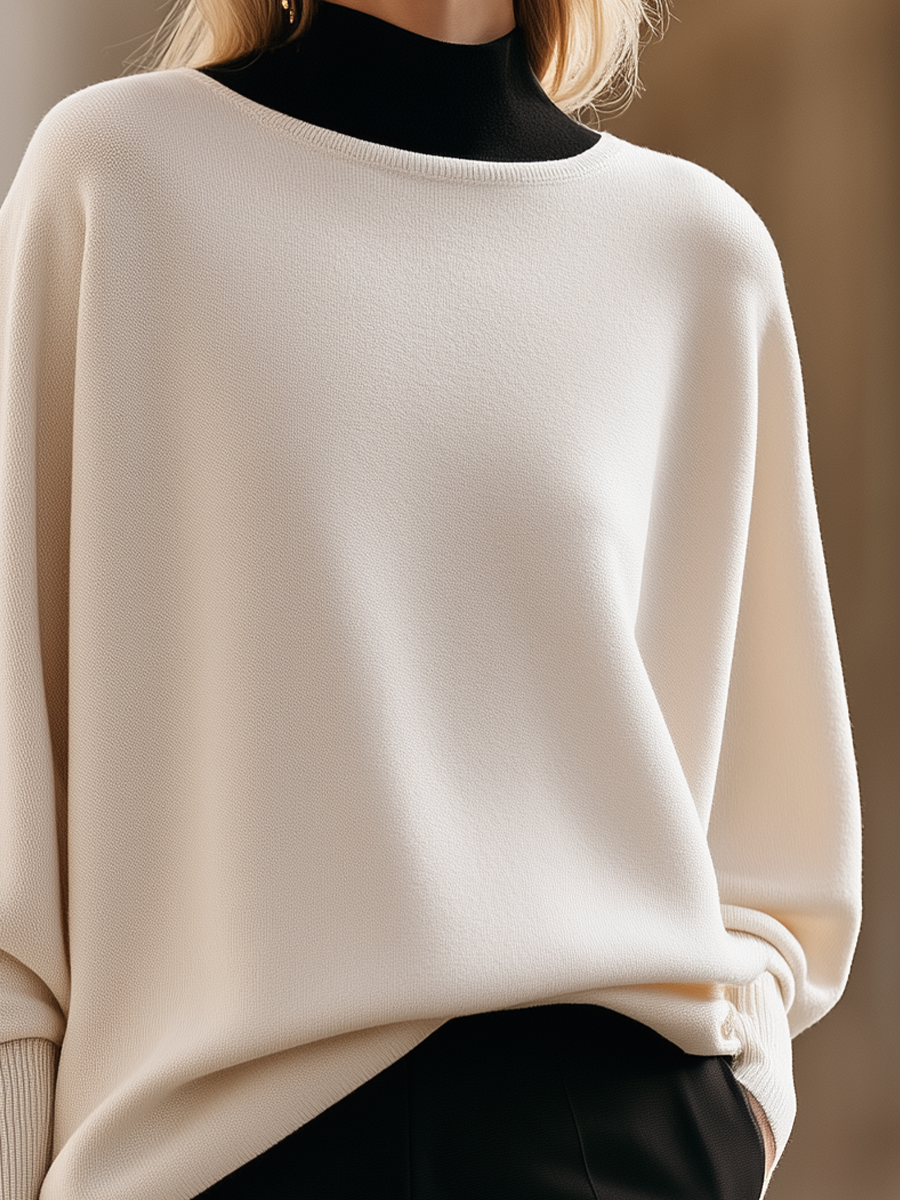 Batwing Sleeve Round Neck Sweater with Ribbed Cuffs and Longline Fit for Women