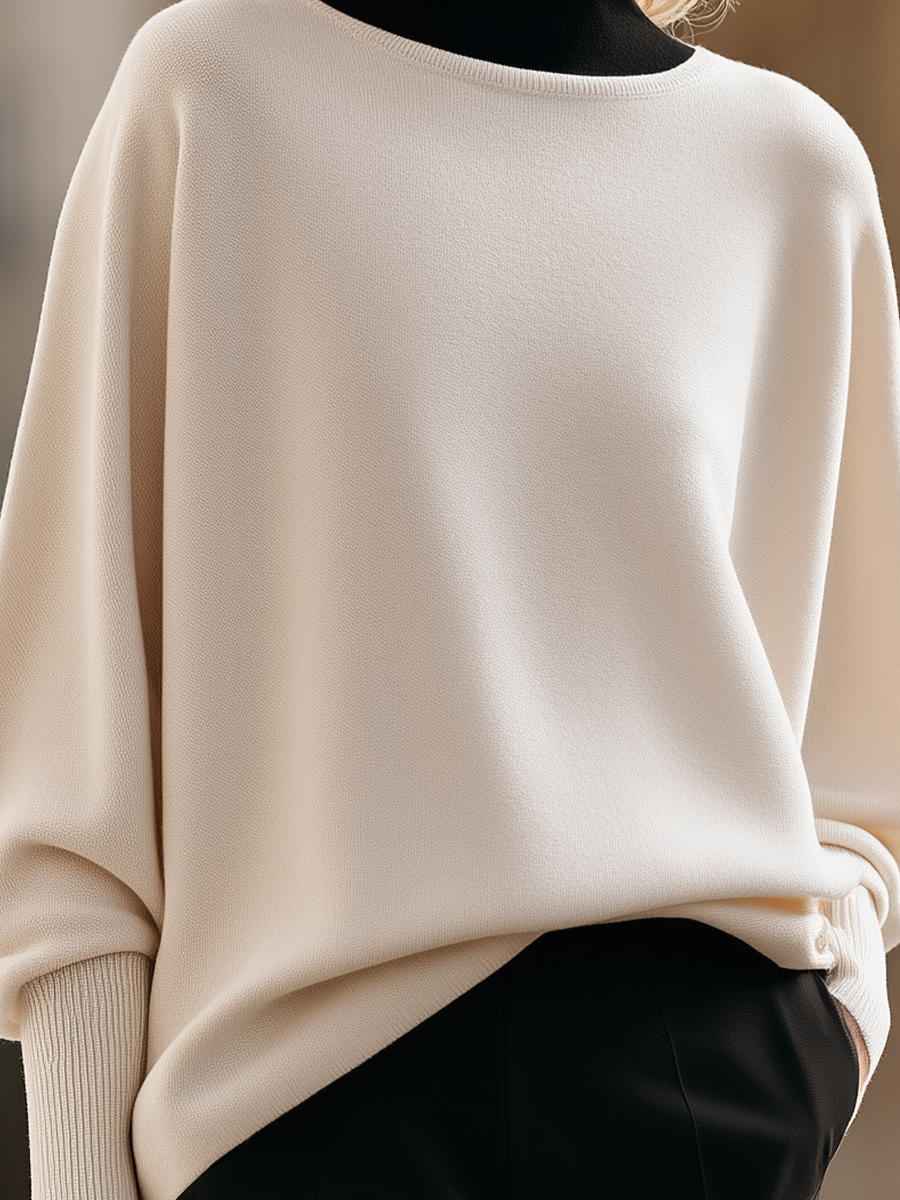 Batwing Sleeve Round Neck Sweater with Ribbed Cuffs and Longline Fit for Women
