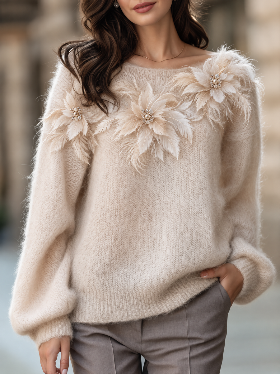 Fuzzy Knit Boat-Neck Sweater with Feather and Pearl Appliqué for Women