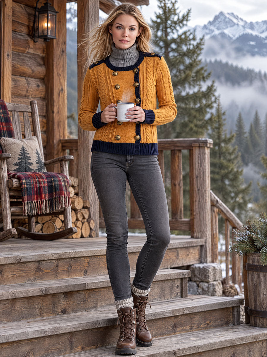 Wool Blend Cable-Knit Cardigan Double-Breasted Navy and Mustard Military Style for Women