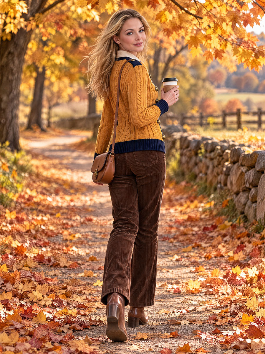 Wool Blend Cable-Knit Cardigan Double-Breasted Navy and Mustard Military Style for Women