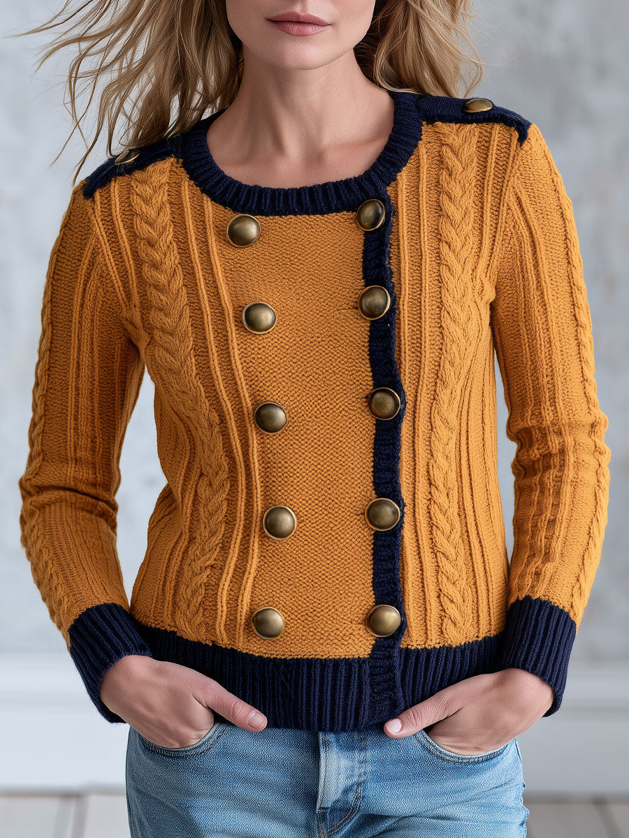 Wool Blend Cable-Knit Cardigan Double-Breasted Navy and Mustard Military Style for Women