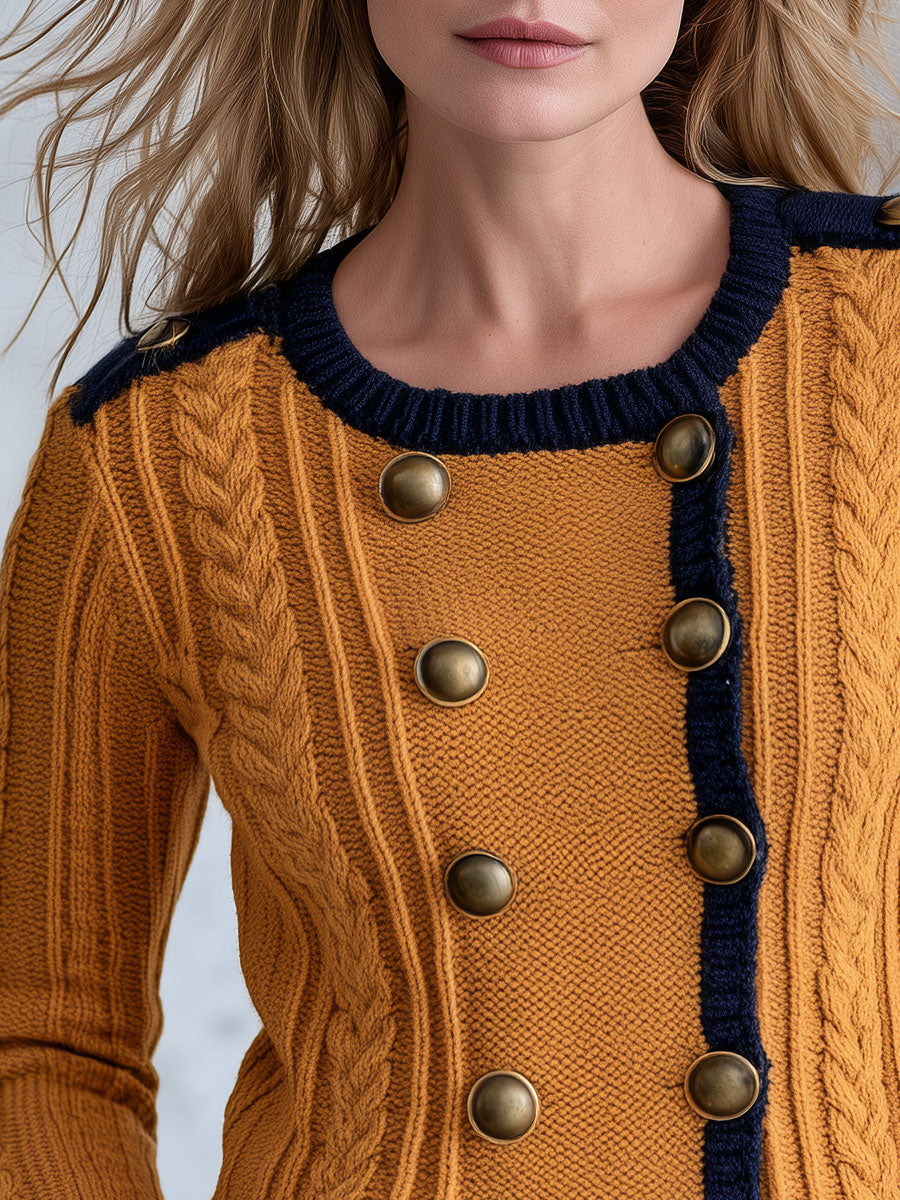 Wool Blend Cable-Knit Cardigan Double-Breasted Navy and Mustard Military Style for Women