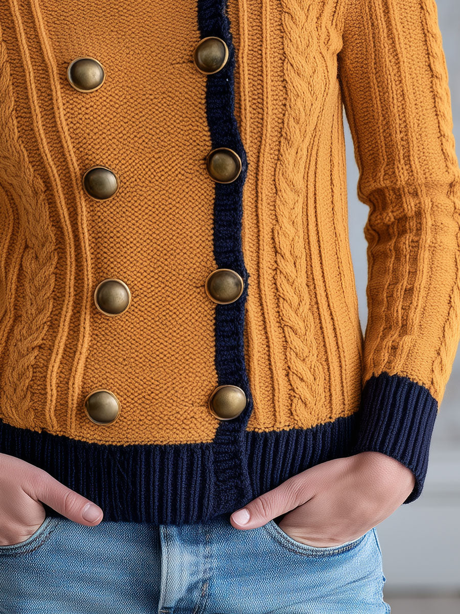 Wool Blend Cable-Knit Cardigan Double-Breasted Navy and Mustard Military Style for Women