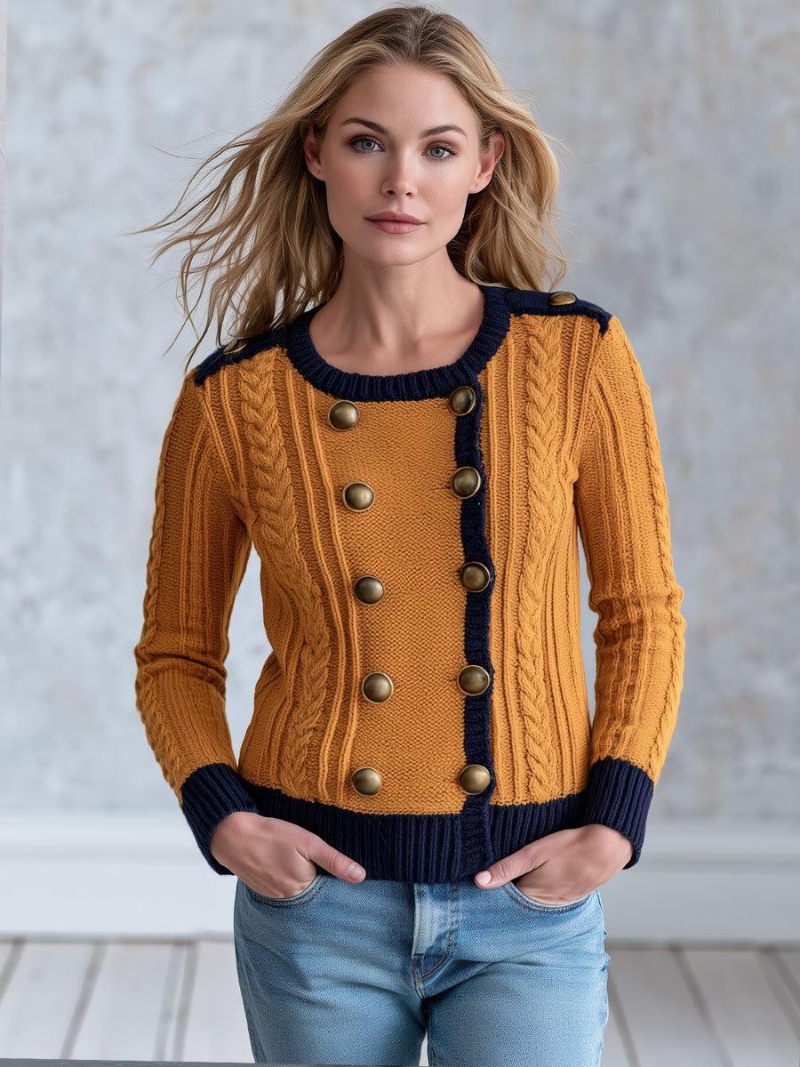 Wool Blend Cable-Knit Cardigan Double-Breasted Navy and Mustard Military Style for Women