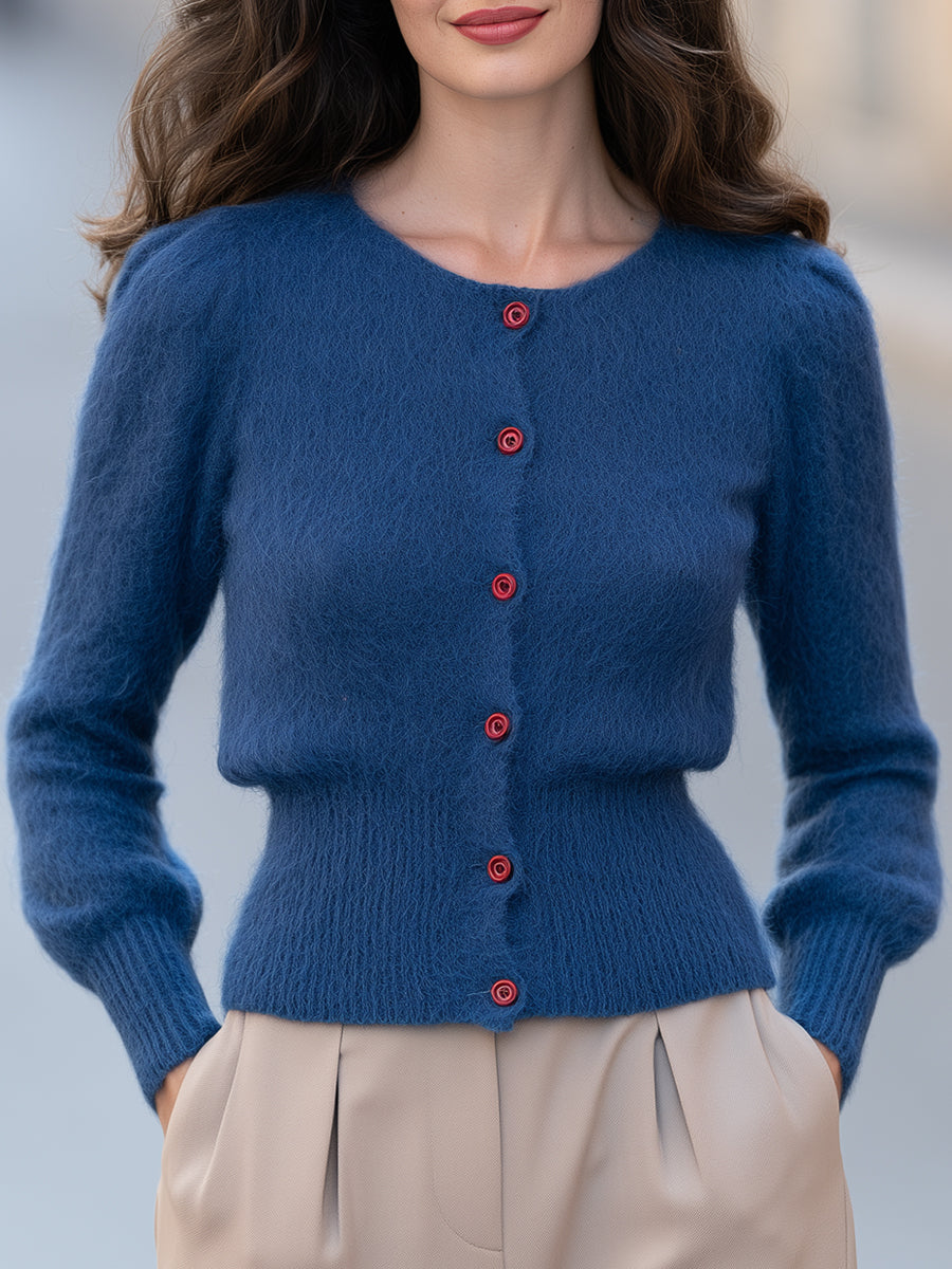 Fuzzy Knit Cardigan with Rose Buttons and Defined Waist for Women