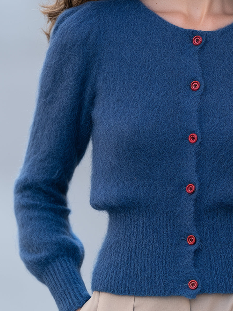 Fuzzy Knit Cardigan with Rose Buttons and Defined Waist for Women