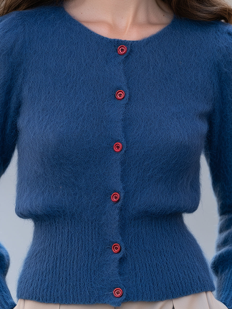 Fuzzy Knit Cardigan with Rose Buttons and Defined Waist for Women