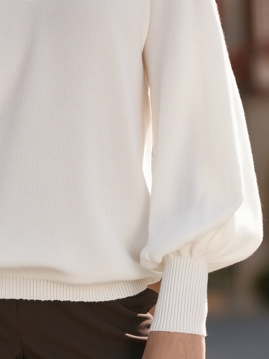 V-Neck Pullover Sweater in Ivory with Lace Trim and Balloon Sleeves for Women