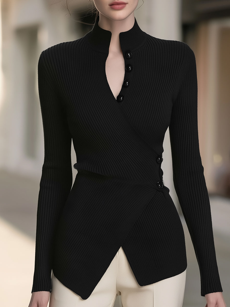Ribbed Knit Wrap Top with Stand Collar and Button Detail for Women