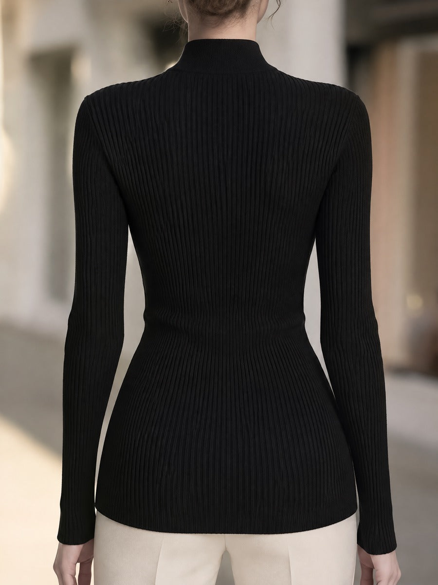 Ribbed Knit Wrap Top with Stand Collar and Button Detail for Women