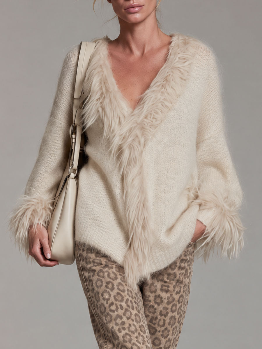 Beige V-Neck Knit Sweater with Faux Fox Fur Trim Retro for Women