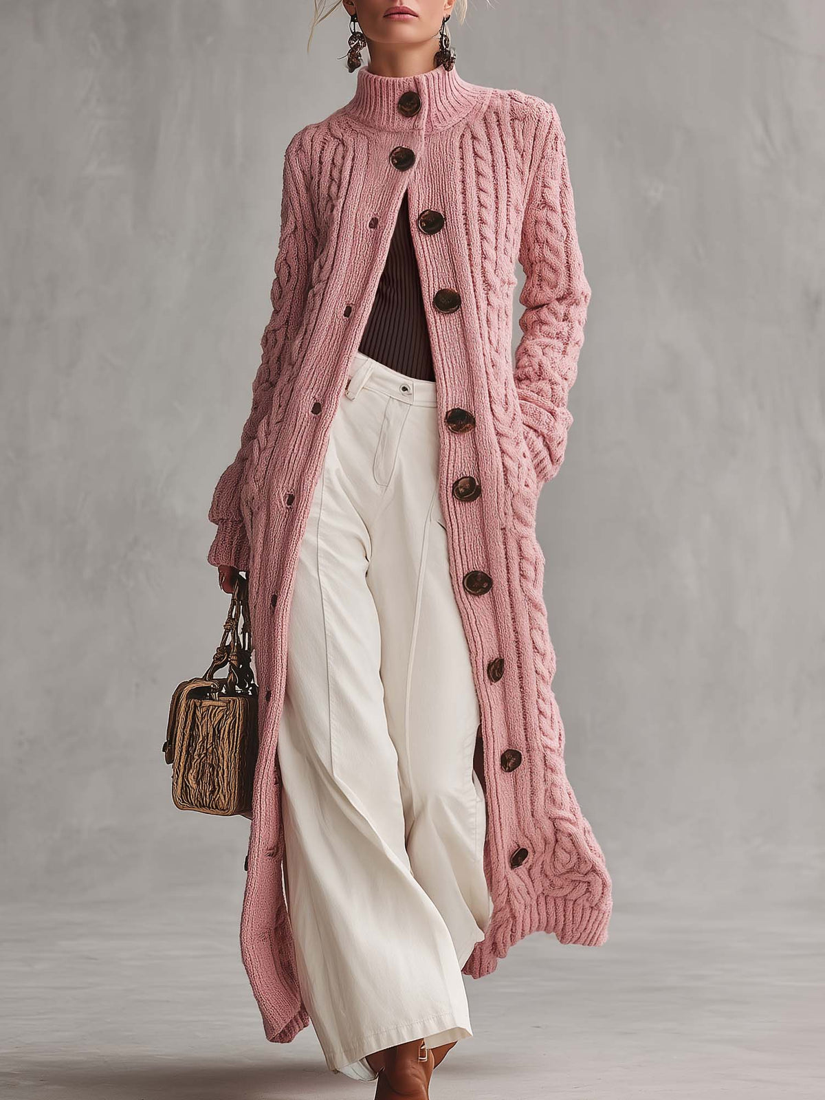 Pink Chunky Cable-Knit Maxi Duster Cardigan with Mock Neck and Buttons for Women