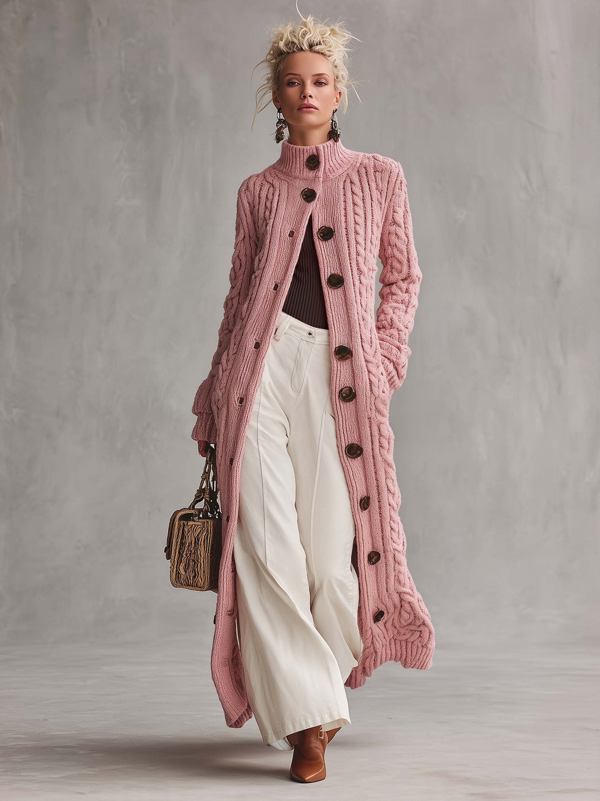 Pink Chunky Cable-Knit Maxi Duster Cardigan with Mock Neck and Buttons for Women