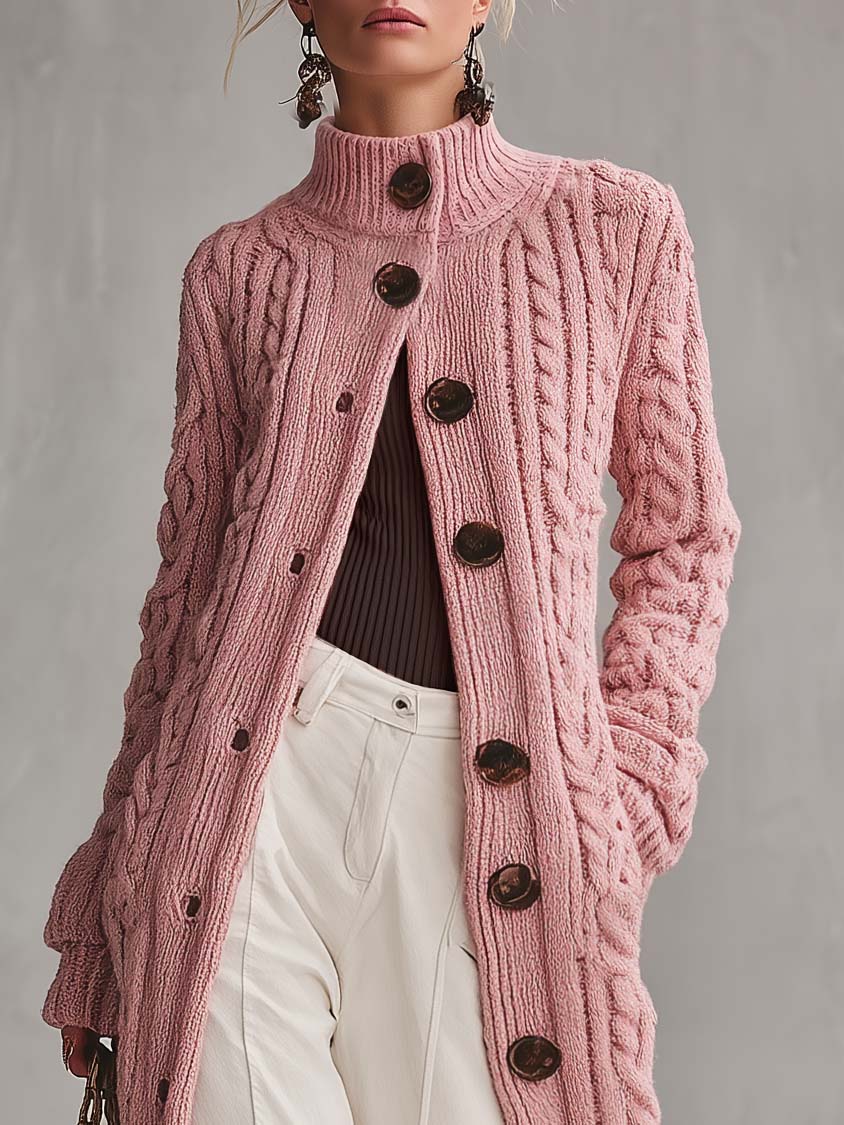Pink Chunky Cable-Knit Maxi Duster Cardigan with Mock Neck and Buttons for Women