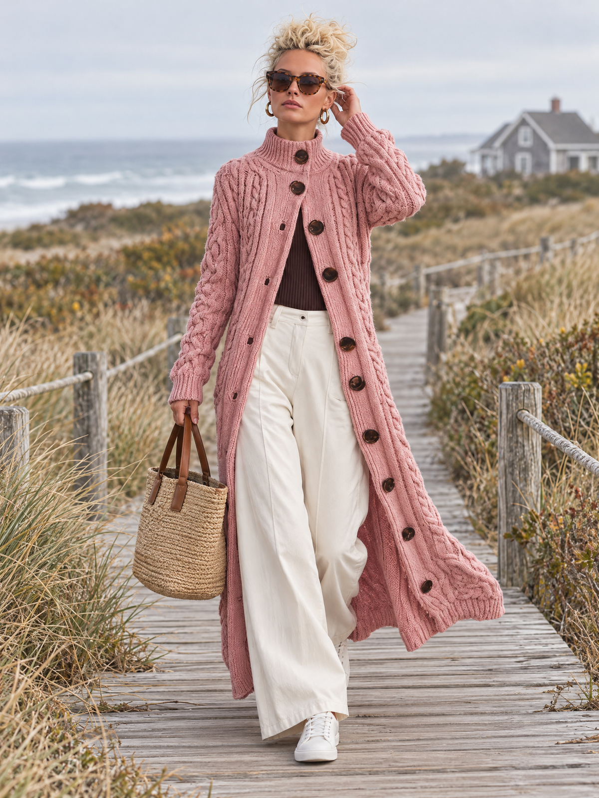 Pink Chunky Cable-Knit Maxi Duster Cardigan with Mock Neck and Buttons for Women