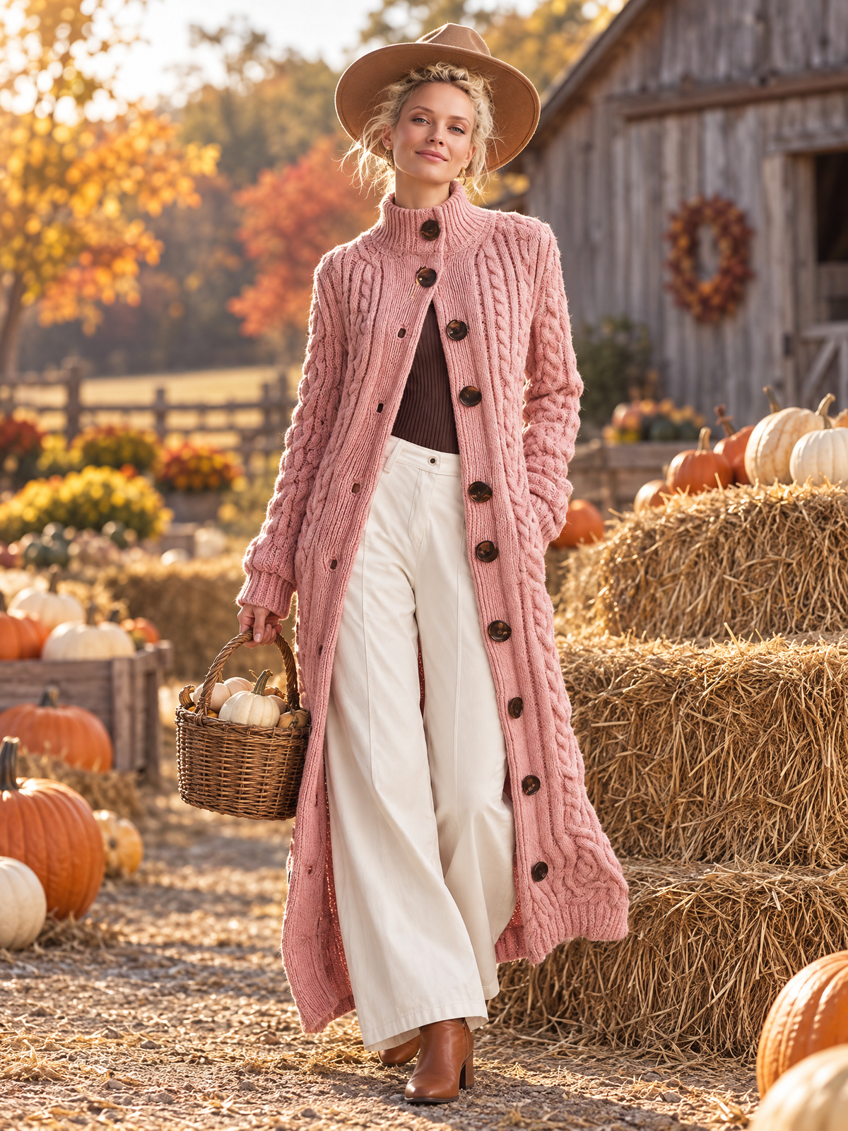 Pink Chunky Cable-Knit Maxi Duster Cardigan with Mock Neck and Buttons for Women