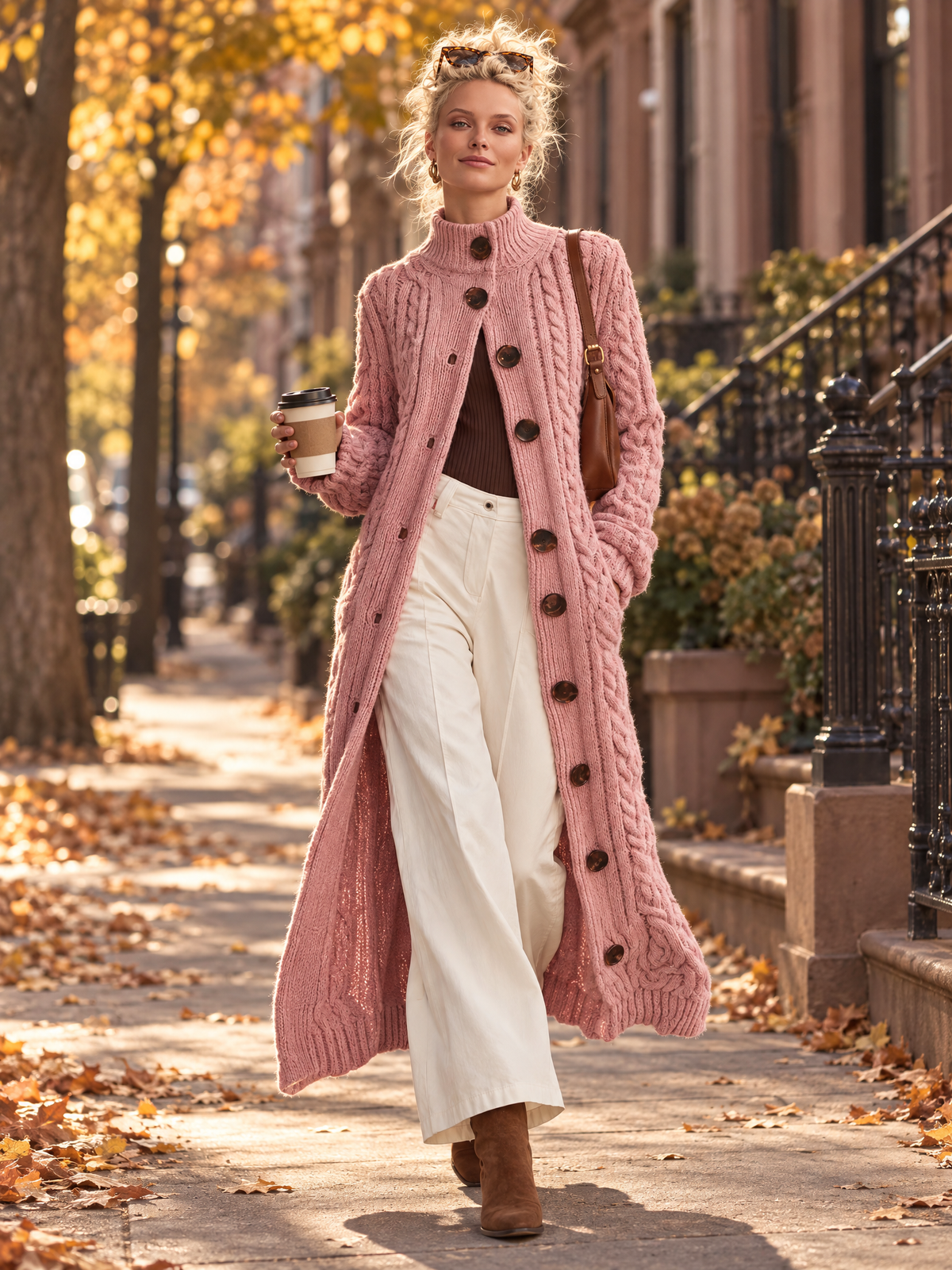 Pink Chunky Cable-Knit Maxi Duster Cardigan with Mock Neck and Buttons for Women