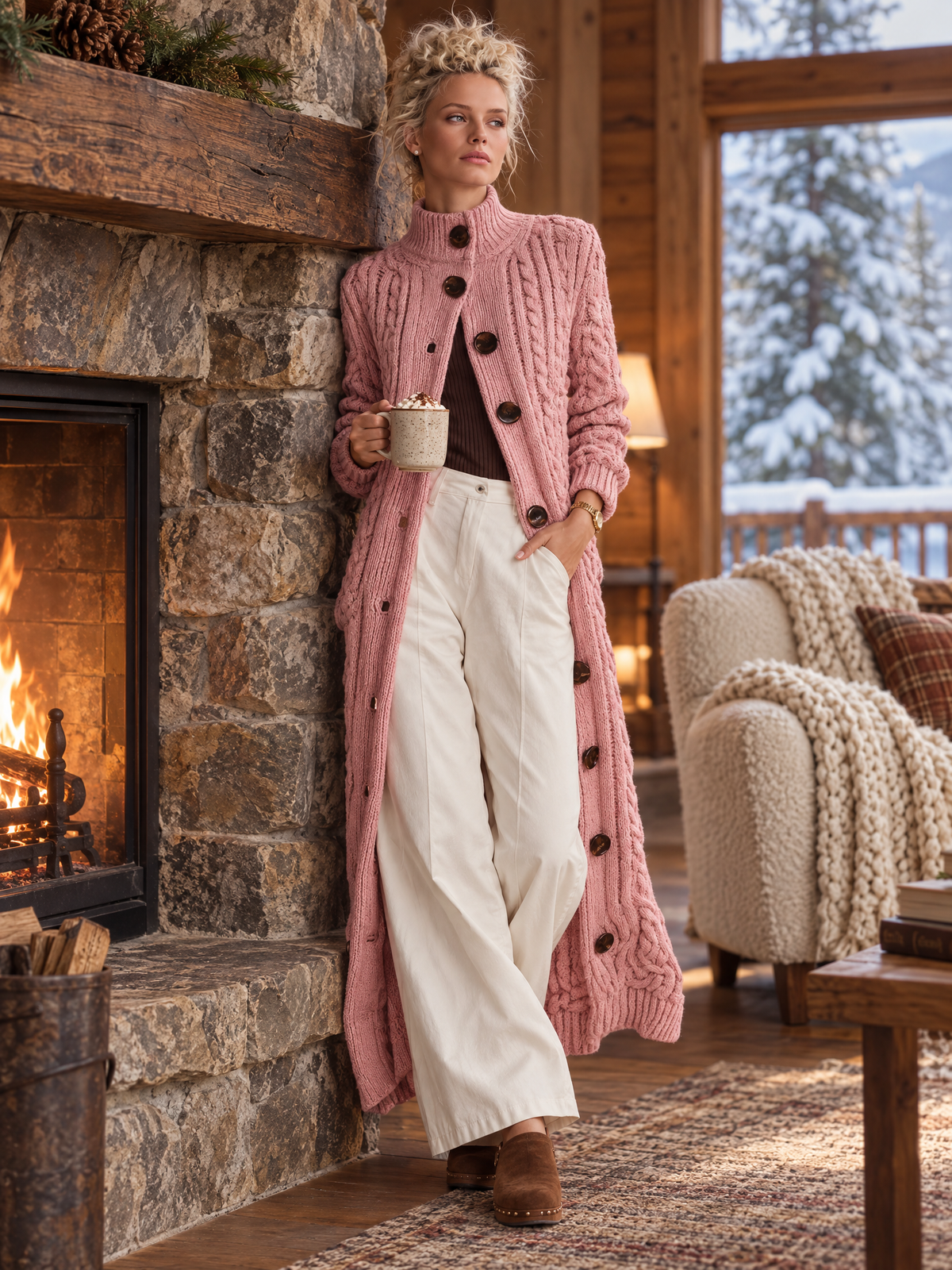 Pink Chunky Cable-Knit Maxi Duster Cardigan with Mock Neck and Buttons for Women