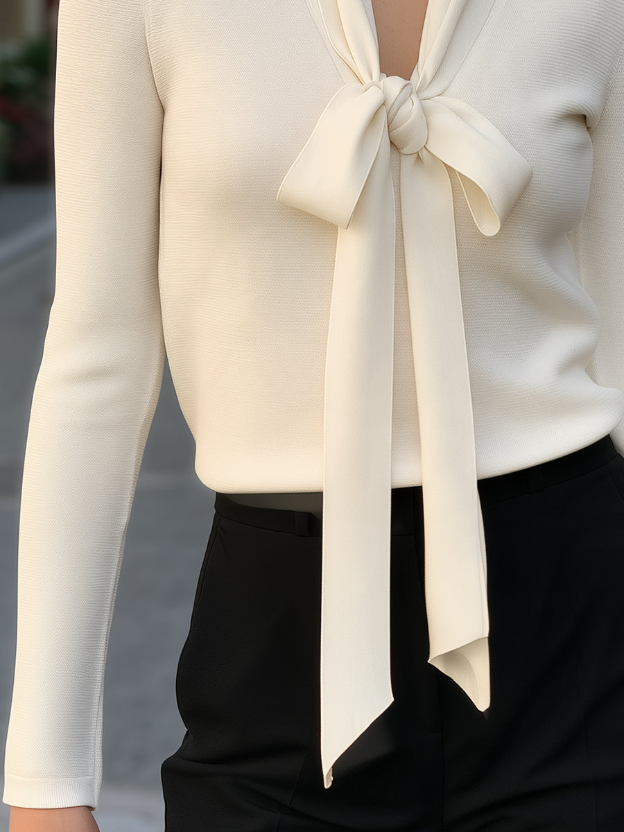 Long Sleeve Knit Top with V-Neck and Tie-Neck Bow Detail for Women