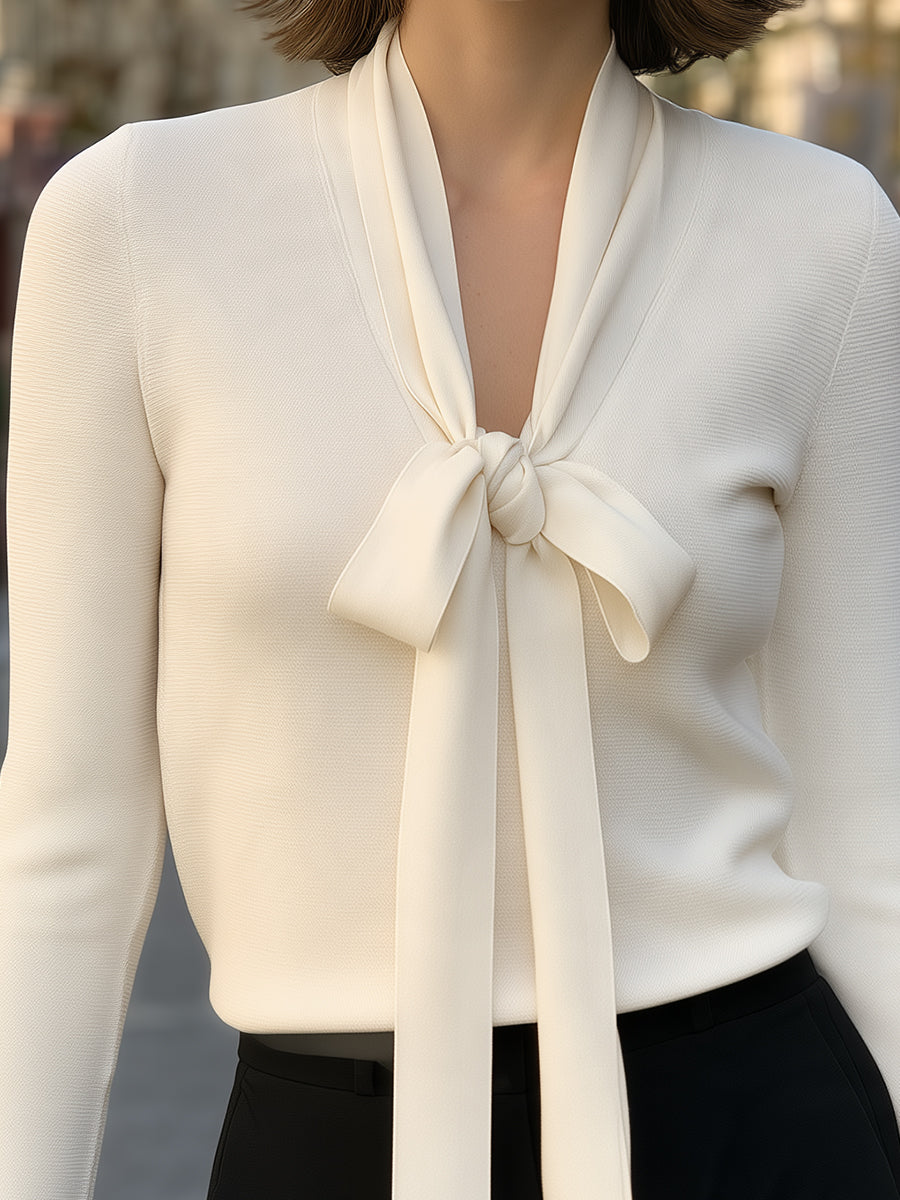 Long Sleeve Knit Top with V-Neck and Tie-Neck Bow Detail for Women